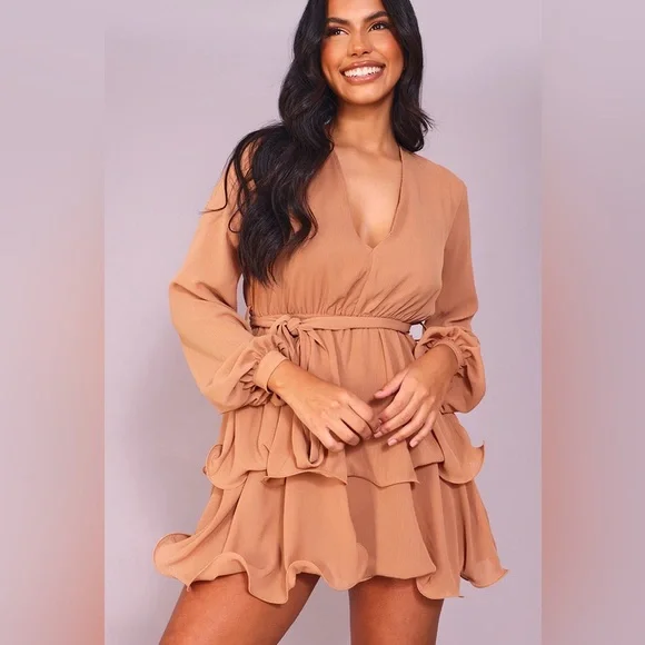 PrettyLittleThing | Dresses | Plt Stone Chiffon Plunge Detail Frill Skirt  Shift Dress | Poshmark